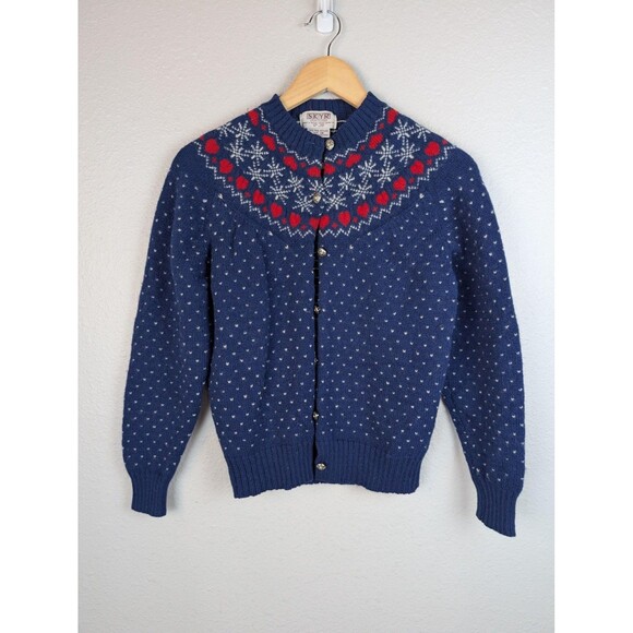 Vintage SKYR Sweater Womens Medium Blue Wool Shetland Nordic Cardigan Hearts 80s - Picture 1 of 7